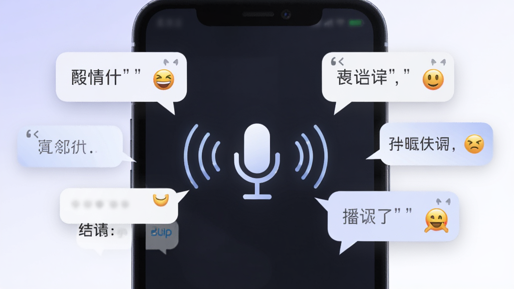 一张展示“多说”应用语音对话功能的图片,画面中央是一个手机麦克风图标发出声波,声波连接到多个对话气泡,气泡中带有文字和表情符号,背景为淡紫色与白色渐变,风格简洁科技感,画质清晰,干净无多余元素