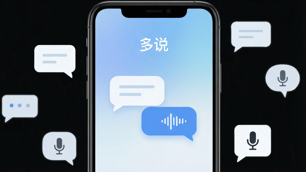 一张展示智能手机屏幕的图片,屏幕中央显示“多说”应用界面,界面中有对话气泡和语音波形图标,背景为柔和的蓝白渐变,手机周围环绕着简约的聊天气泡和麦克风图标,整体风格清新现代,画质清晰,干净无多余元素
