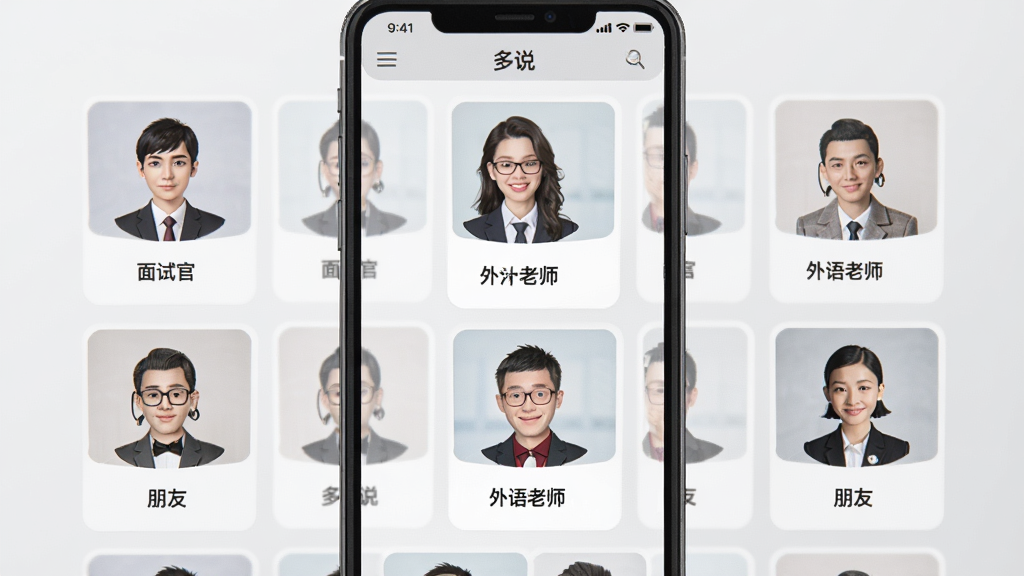 一张展示“多说”应用多场景角色选择的图片,画面中手机屏幕显示多个角色头像卡片,包括面试官、外语老师、朋友等,卡片排列整齐,背景为浅灰色,风格简约商务,画质清晰,干净无多余元素