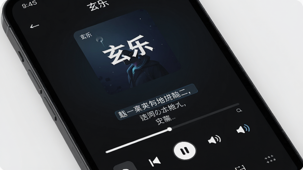 一部手机屏幕特写,显示“玄乐”应用正在播放一首歌曲,屏幕中央是专辑封面,下方是逐字滚动的歌词,背景为深色主题,风格为极简科技感,细节包括歌词高亮效果、播放进度条、音效开关图标,画质清晰,干净,无多余元素