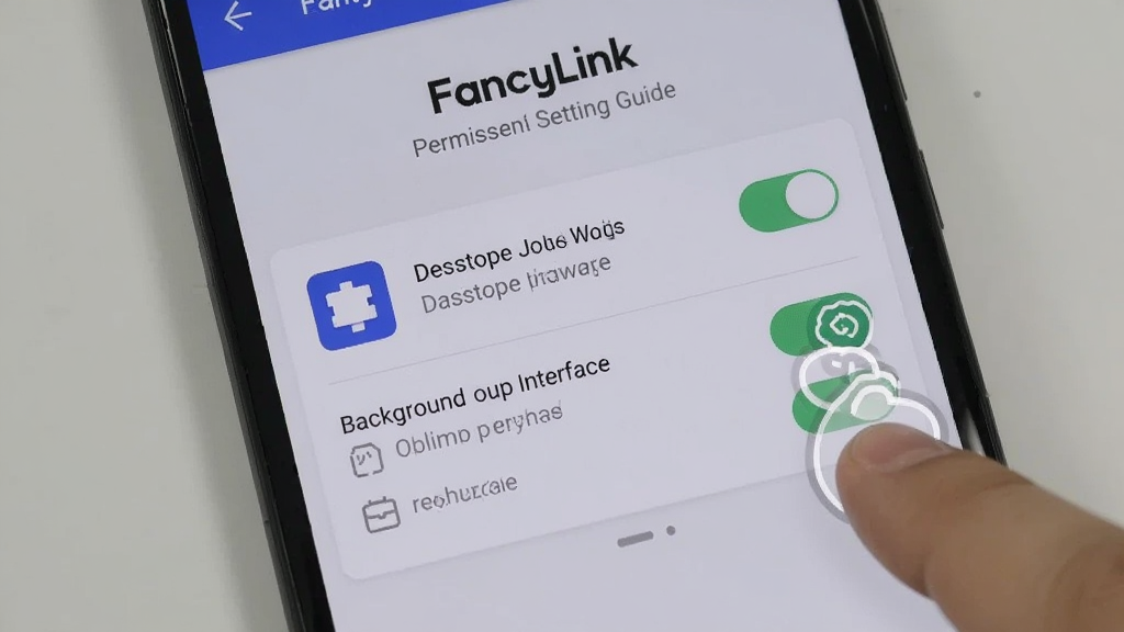 一部安卓手机屏幕显示 FancyLink 的权限设置引导页面,页面上有桌面快捷方式、后台弹出界面等权限开关,旁边有手指点击的示意,背景为浅灰色,风格简洁明了,画质清晰,无多余元素
