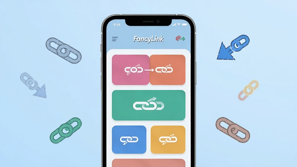 画面中央是一部智能手机,屏幕上显示 FancyLink 应用主界面,界面中有多个彩色链接卡片整齐排列,背景为浅蓝色渐变,周围漂浮着链条与箭头图标代表链接跳转,整体风格简洁现代,扁平化设计,细节清晰,画质干净,无多余元素