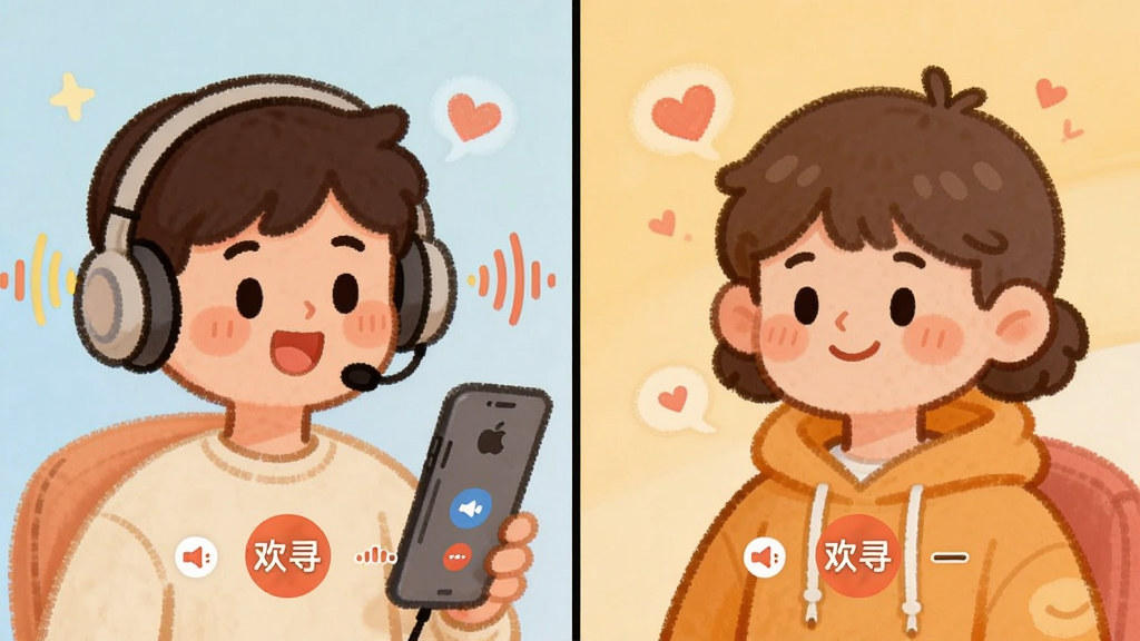 主体为两个卡通人物通过手机语音连线,布局为左右分屏构图,排版上左边人物戴耳机说话右边人物微笑倾听,风格为温暖治愈系插画,细节包括声波图标和爱心符号,画质干净明亮无多余元素,图片中文字显示“欢寻”