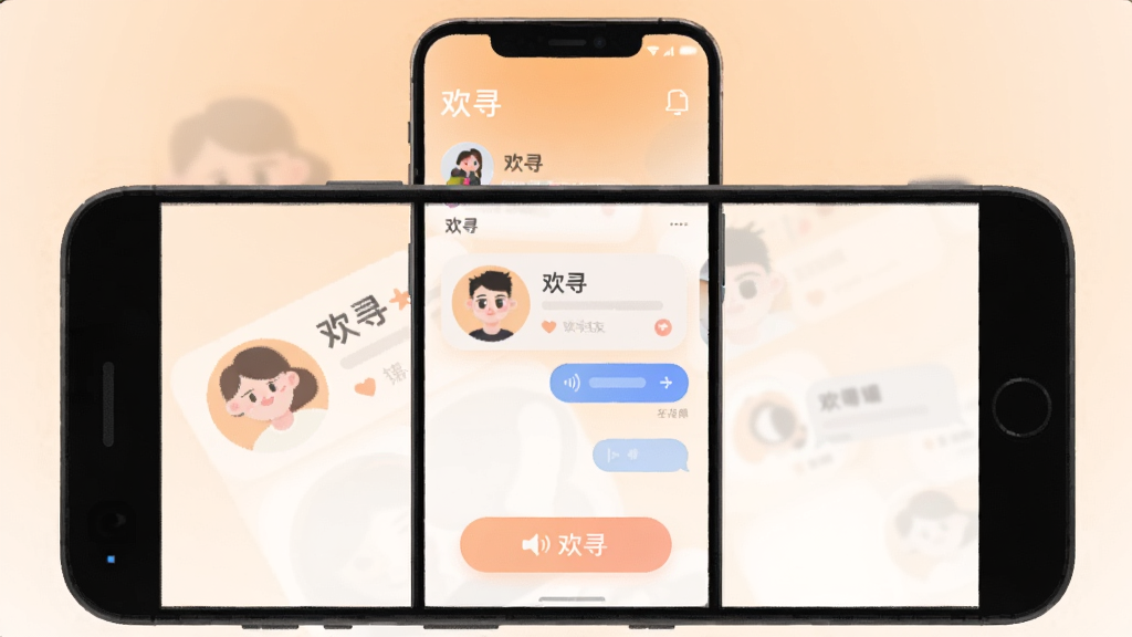 主体为一部安卓手机屏幕显示欢寻交友界面,布局为手机居中放置,背景是柔和的浅橙渐变,排版上手机屏幕内展示用户头像卡片和语音按钮,风格为现代扁平插画,细节包括圆角图标和简洁的消息气泡,画质清晰干净无多余元素,图片中文字显示“欢寻”