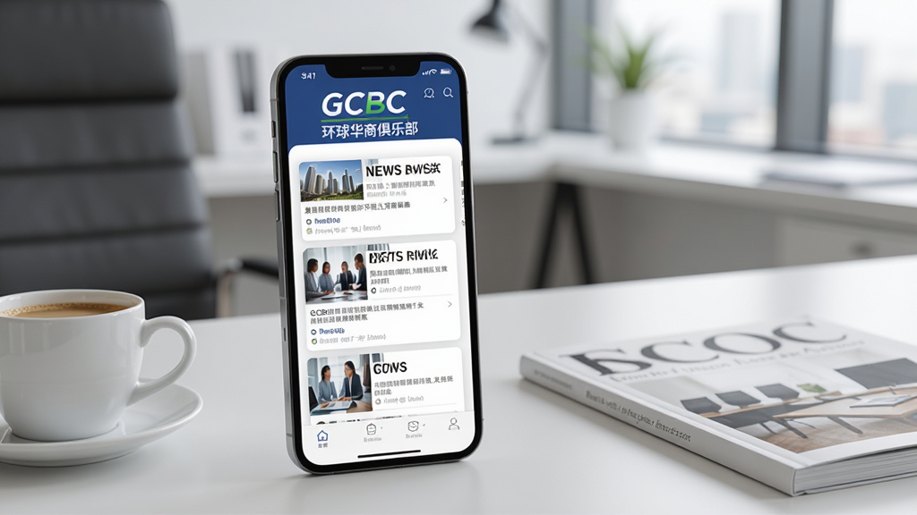 一张展示GCBC资讯同步功能的图片,手机屏幕显示GCBC应用的资讯列表页面,顶部有