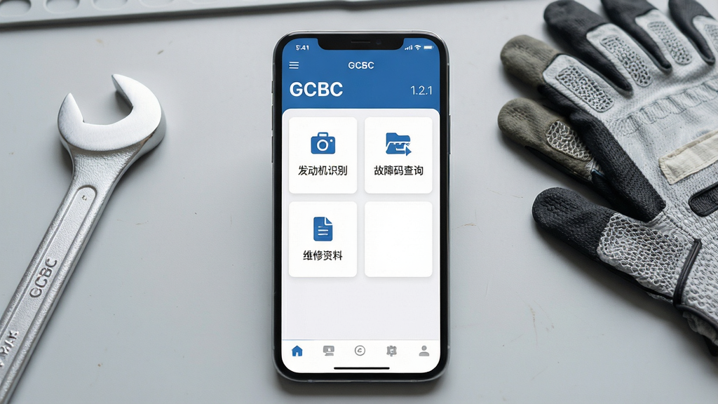 一张展示GCBC软件主界面的图片,画面中央是手机屏幕,屏幕内显示GCBC应用首页,顶部有软件名称