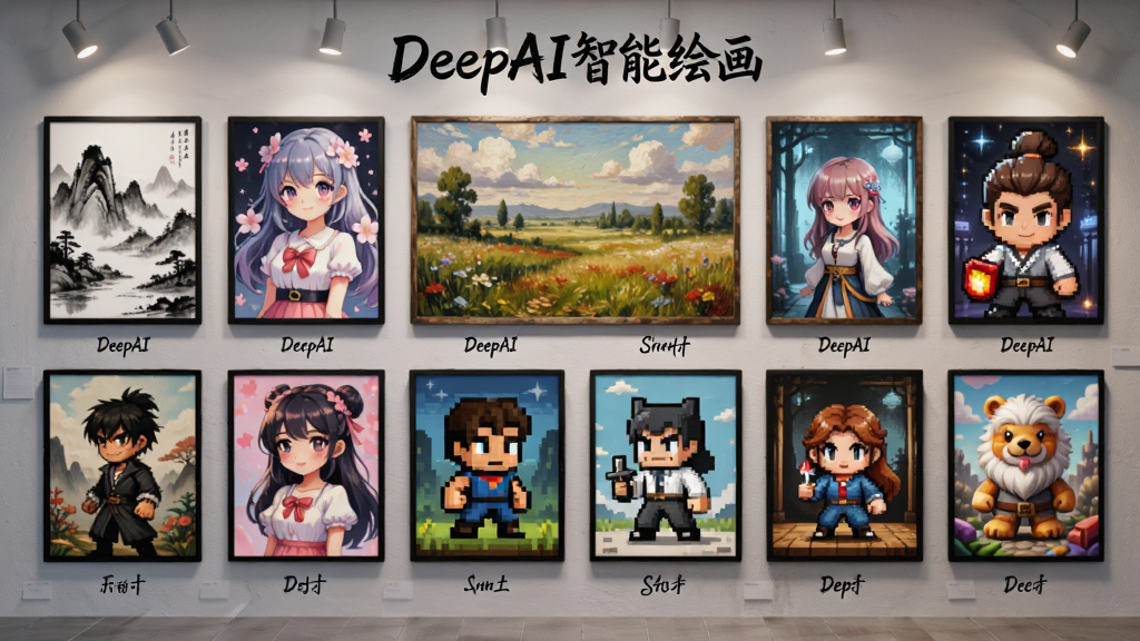 主体为一面虚拟的风格展示墙,墙上整齐排列着多幅由DeepAI智能绘画生成的不同风格作品,包括水墨山水、动漫少女、油画风景、像素游戏角色等;布局采用网格状排列,每幅作品下方标注风格名称;排版上软件名称