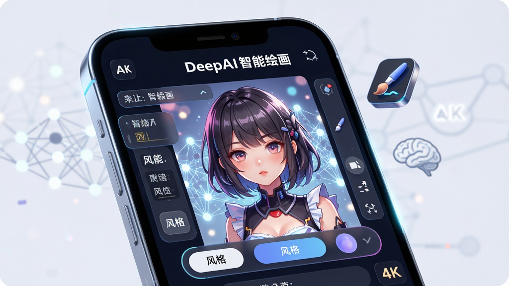 主体为一部智能手机屏幕,屏幕中展示DeepAI智能绘画软件的操作界面,画面中央是一幅正在生成的二次元少女插画,周围环绕文字输入框与风格选择按钮;布局采用居中构图,手机略倾斜增加立体感;排版上软件名称