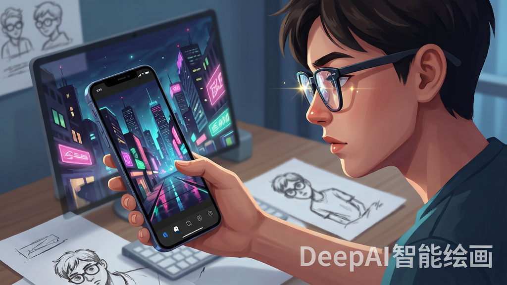 主体是一位年轻用户坐在书桌前,面前手机屏幕显示DeepAI智能绘画正在生成一幅赛博朋克城市夜景图,屏幕中霓虹灯光效绚丽;布局采用侧面视角,人物与手机屏幕形成对角线构图;排版上软件名称