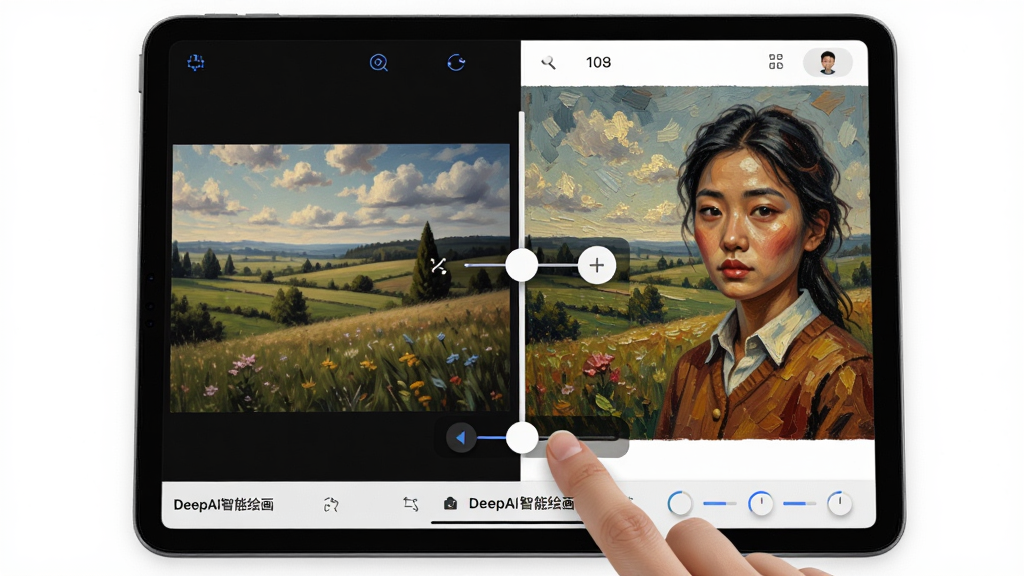 主体为一部平板电脑,屏幕上显示DeepAI智能绘画的图生图编辑界面,左侧是用户上传的原始风景照片,右侧是AI生成的油画风格版本,中间有滑动对比条;布局采用左右分栏对比构图;排版上软件名称