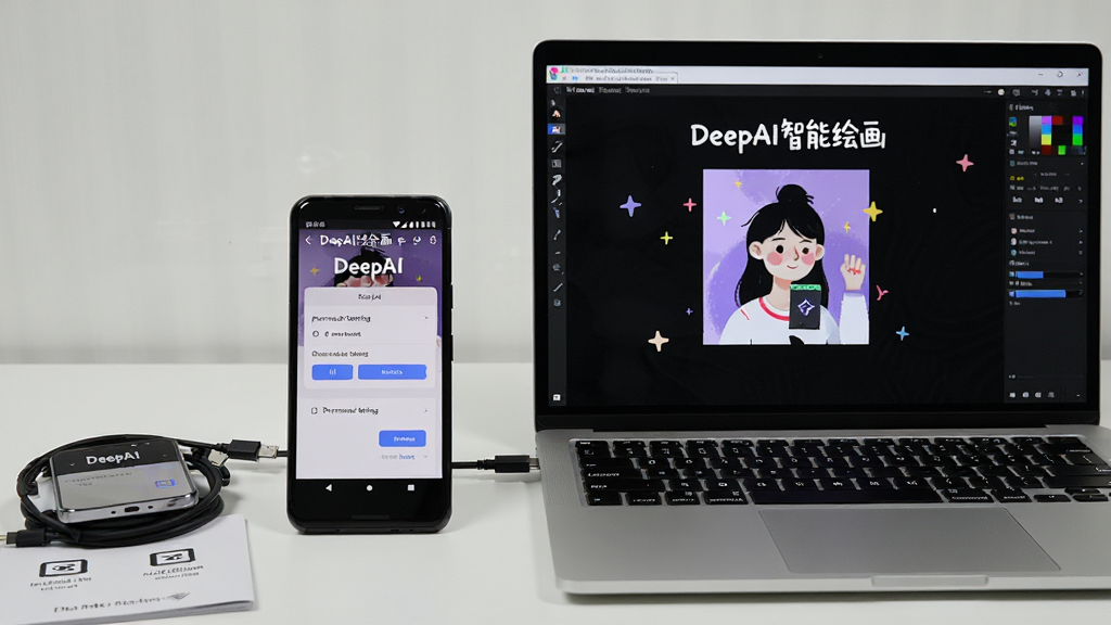 主体为一部安卓手机与一台笔记本电脑并排放在桌面上,手机屏幕显示DeepAI智能绘画的权限设置界面,电脑屏幕显示模拟器中的DeepAI智能绘画运行画面;布局采用左右并列构图;排版上软件名称