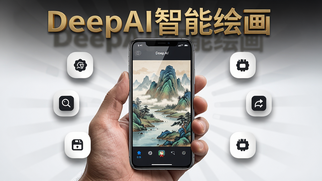 主体为一只手掌托着一部手机,手机屏幕显示DeepAI智能绘画的导出界面,画面中是一幅高清国风山水画,周围有放大、保存、分享等图标环绕;布局采用中心放射状构图;排版上软件名称
