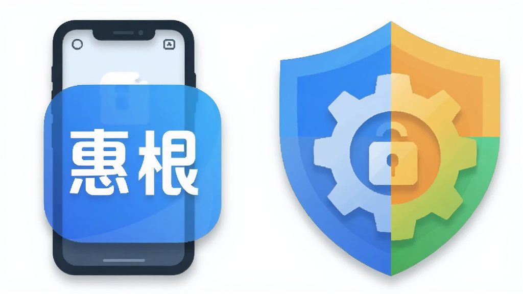 主体为“惠根”软件图标与几个功能模块的抽象组合,布局为左右结构,左侧是手机图标,右侧是盾牌与齿轮结合的图形,象征安全与工具。风格为扁平化科技感,细节上带有轻微阴影,画质干净清晰,无多余元素。