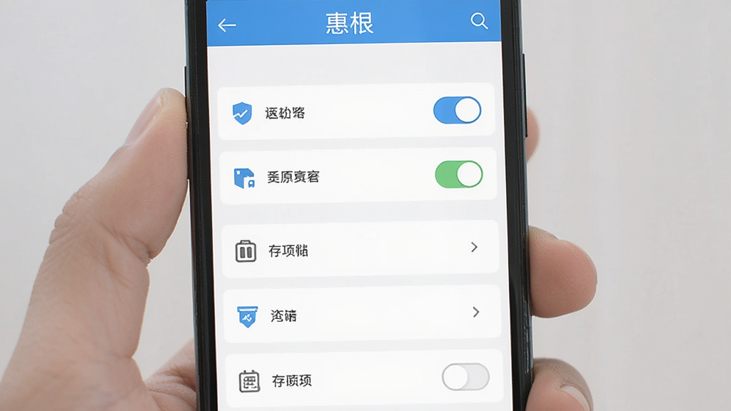 主体为手机屏幕显示“惠根”软件的设置界面,布局为纵向列表,有权限开关和存储选项。风格为扁平化,细节上图标清晰,画质干净,无多余元素。