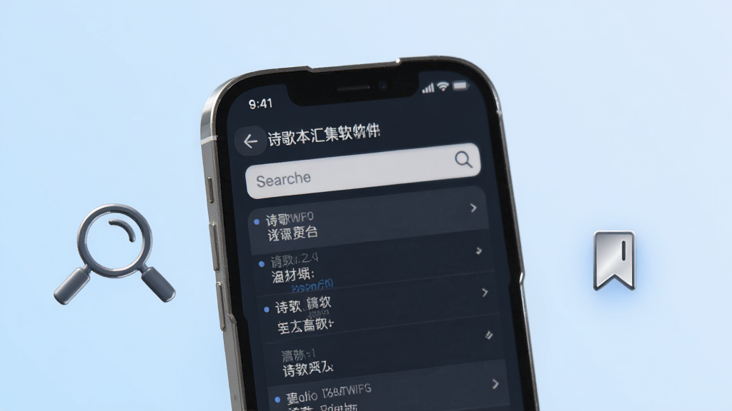 以诗歌本汇集软件功能为主题,画面展示一部手机屏幕中呈现出分类清晰的诗歌列表和搜索框,旁边有放大镜图标和书签图标作为装饰元素,背景采用柔和的浅蓝色渐变,整体布局简洁有序,风格现代科技感,细节精致,画质清晰,干净无多余元素