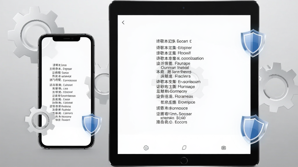 诗歌本汇集软件生图,画面展示一部手机和一台平板电脑并排摆放,屏幕上都显示着诗歌阅读界面,周围有齿轮图标和盾牌图标作为装饰,代表设置与安全,背景为浅灰色渐变,风格商务简约,细节清晰,画质高清,干净无多余元素