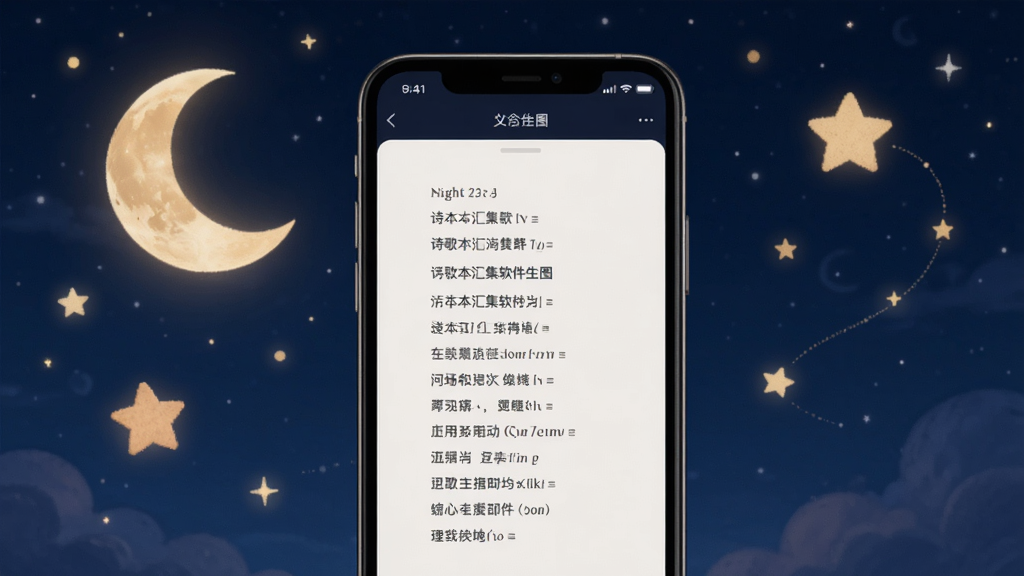 诗歌本汇集软件生图,画面主体为一部手机展示夜间模式下的诗歌阅读界面,文字清晰可见,手机周围环绕着月亮和星星的装饰图案,背景为深蓝色夜空,风格温馨宁静,细节丰富,画质高清,干净整洁,无多余元素