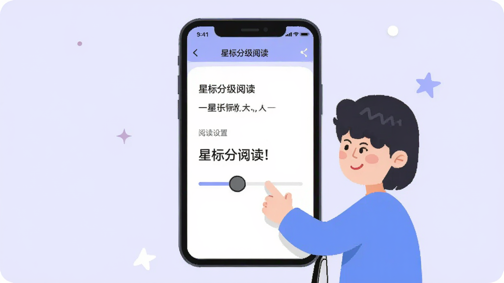 画面中央是一部手机展示星标分级阅读的阅读设置界面,旁边有一个卡通人物正在调整字体大小滑块,背景为浅紫色,风格为扁平化设计,布局居中,细节清晰,画质干净,无多余元素