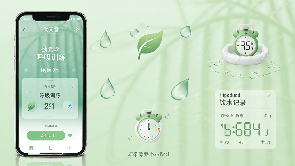 劲元堂养生小工具界面展示,画面采用三分法构图,手机屏幕显示呼吸训练和饮水记录界面。背景为柔和的绿色调,点缀有水滴、树叶、计时器图标。风格清爽干净,细节精致,画质清晰,无杂乱元素。