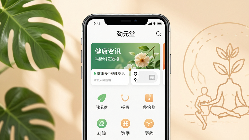 劲元堂软件主界面展示,画面中央放置一部智能手机,屏幕显示劲元堂应用首页,包含健康资讯卡片和功能图标。背景为柔和暖色调,左侧点缀绿色植物叶片,右侧有简约的养生元素线条画。整体布局居中对称,风格清新自然,细节清晰,画质干净明亮,无多余装饰元素。