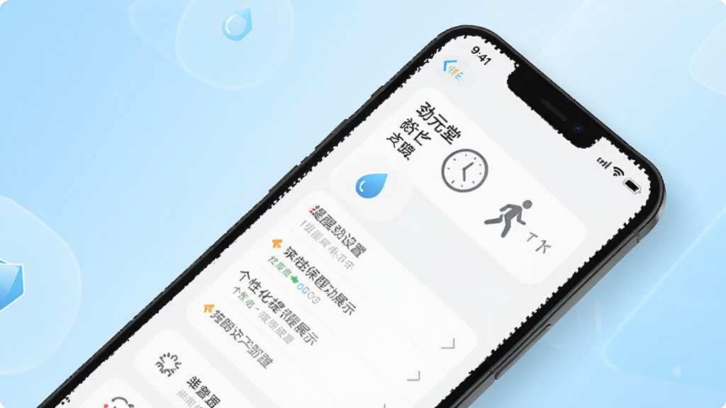 劲元堂个性化提醒功能展示,画面采用对角线构图,手机屏幕显示提醒设置界面,带有钟表、水滴、行走小人等图标。背景为浅蓝色渐变,风格简约现代,细节清晰,画质明亮干净,无多余元素。