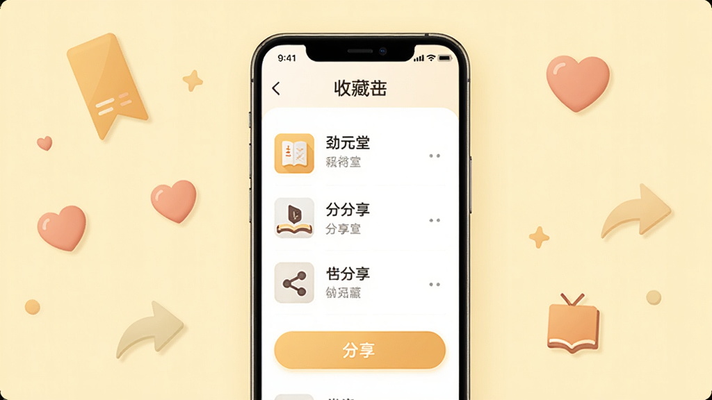 劲元堂内容收藏与分享界面展示,画面采用居中构图,手机屏幕显示收藏夹列表和分享按钮。背景为淡黄色,周围散落着书签、爱心、分享箭头等简约图标。风格温暖柔和,细节清晰,画质干净,无多余元素。