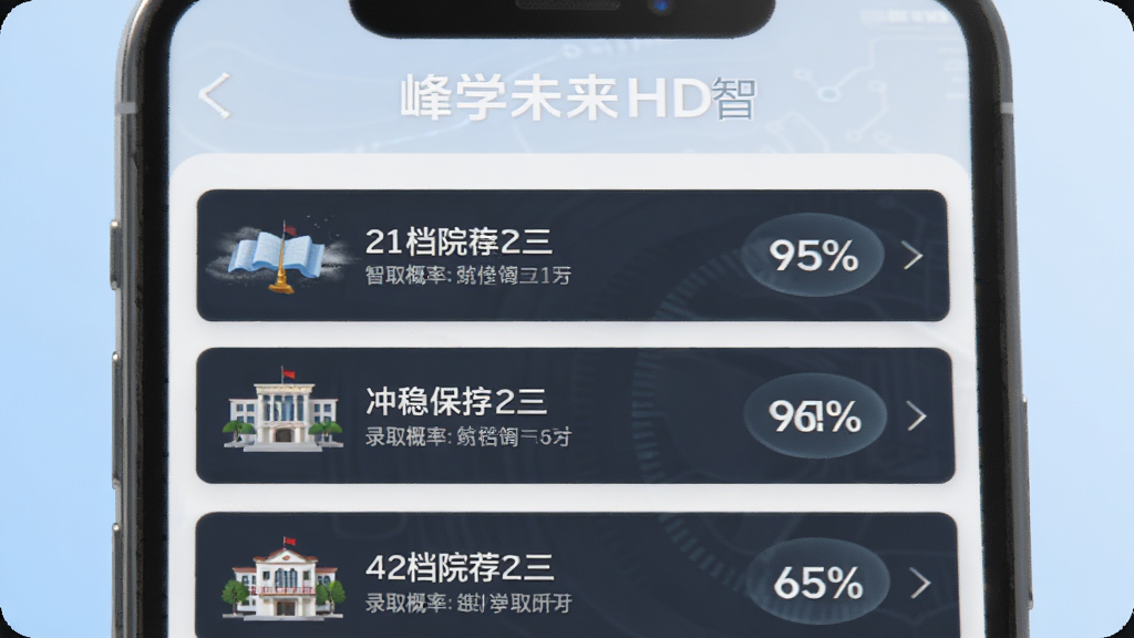 峰学未来HD智能志愿推荐功能展示图,画面主体为手机屏幕特写,屏幕中显示冲稳保三档院校推荐列表,每所院校配有录取概率百分比,背景为淡蓝色渐变,风格简洁科技感,画质清晰,干净无多余元素