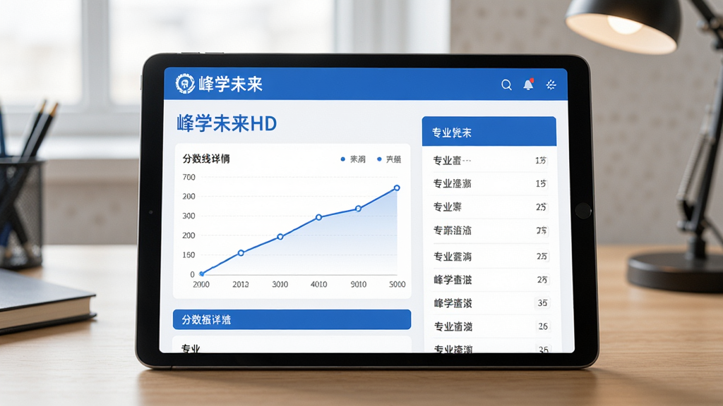 峰学未来HD院校数据查询界面图,画面展示平板电脑上打开的院校详情页,包含分数线折线图和专业列表,页面布局清晰,配色以蓝白为主,背景为书桌场景,风格专业稳重,画质清晰,干净无多余元素