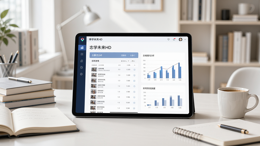 一幅展示峰学未来HD软件界面的场景图,画面中央是一台打开的平板电脑,屏幕显示峰学未来HD的志愿填报分析页面,包含院校列表和数据图表,周围环绕着书本、笔记本和一杯咖啡,背景是明亮整洁的书房环境,整体风格清新专业,画质清晰,干净无多余元素