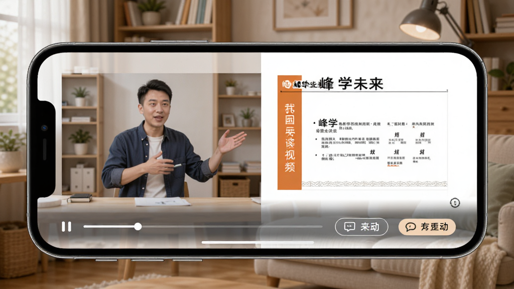 峰学未来HD专业解读视频播放界面图,画面为手机横屏播放状态,屏幕中显示讲师授课画面和PPT课件,下方有进度条和互动按钮,背景为居家学习环境,风格温馨实用,画质清晰,干净无多余元素
