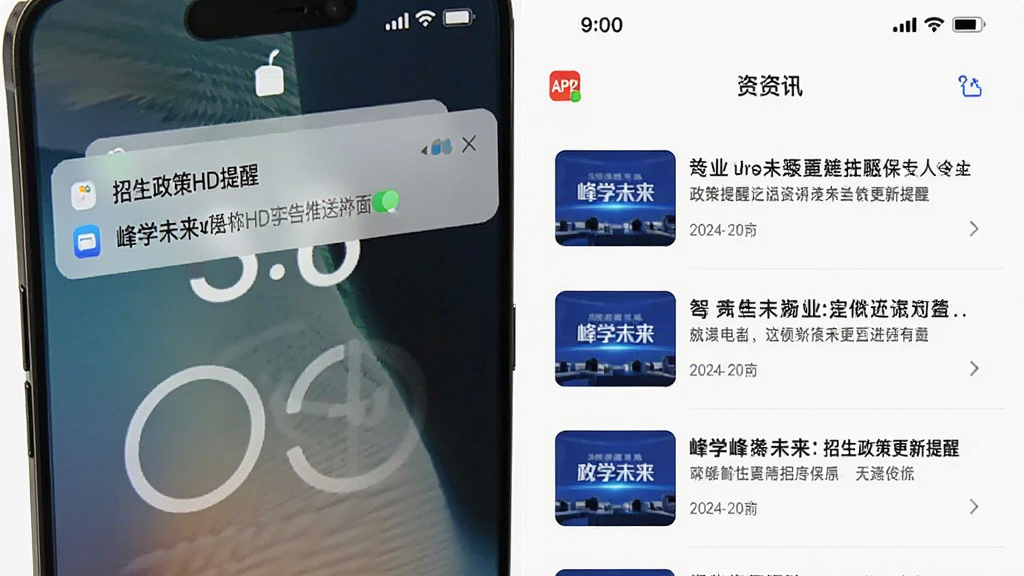 峰学未来HD资讯推送界面图,画面为手机锁屏通知和APP内资讯列表的组合展示,通知栏显示招生政策更新提醒,背景为简约白色,风格清爽现代,画质清晰,干净无多余元素