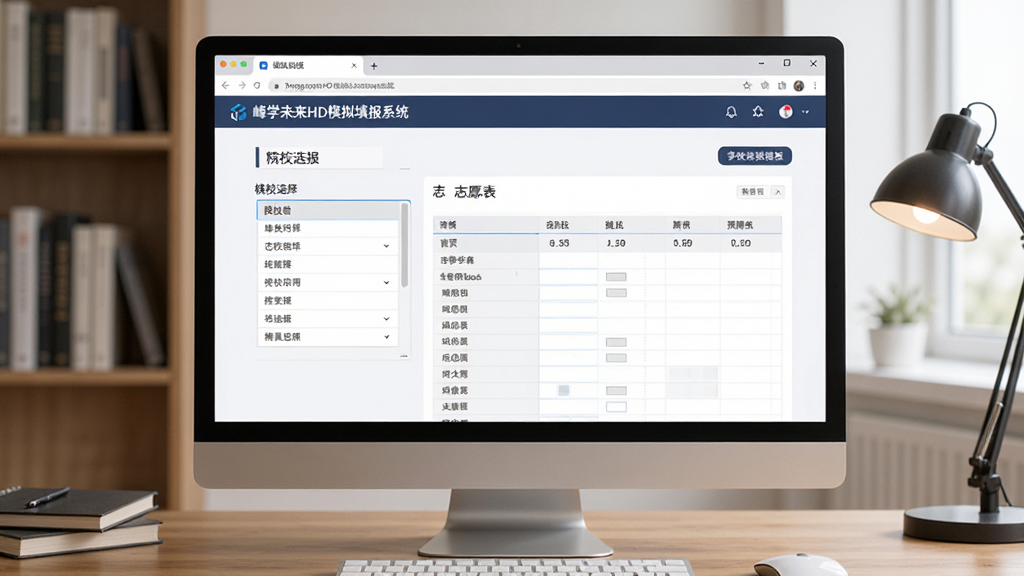 峰学未来HD模拟填报系统操作界面图,画面展示电脑浏览器中打开的模拟填报页面,包含院校选择框和志愿表预览区域,界面设计简洁直观,背景为书房桌面,风格商务专业,画质清晰,干净无多余元素