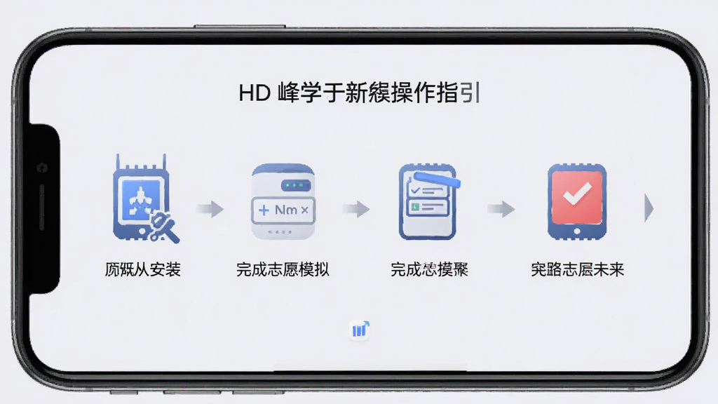 峰学未来HD新手操作指引图,画面为手机屏幕截图风格,展示从下载安装到完成志愿模拟的四个步骤流程图,每步配有图标和简短文字说明,背景为浅灰色,风格简洁明了,画质清晰,干净无多余元素
