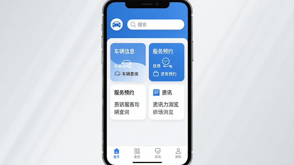手机屏幕中央展示车缘APP主界面,界面采用蓝白配色,顶部有车辆图标和搜索框,中部为功能卡片式布局,包含车辆信息查询、服务预约、资讯浏览等模块,底部为导航栏,背景为浅灰色渐变,整体风格简洁现代,画质清晰,干净无多余元素