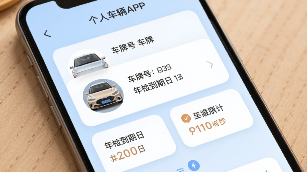 手机界面展示车缘APP的个人车辆管理页面,页面上有车辆头像、车牌号、年检到期日等信息卡片,背景为淡蓝色,卡片为白色圆角设计,整体风格温馨实用,画质清晰干净无杂乱元素