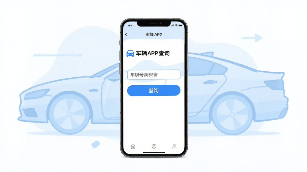 画面中央一部智能手机,屏幕上显示车缘APP的车辆信息查询页面,页面中有车牌号输入框和查询按钮,背景为汽车轮廓的淡蓝色插画,风格简洁明快,画质高清,无多余装饰元素