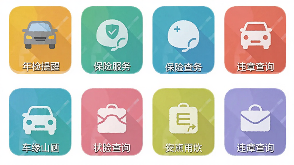 手机界面展示车缘APP的服务列表页,页面中整齐排列着年检提醒、保险服务、违章查询等图标和文字说明,背景为白色,图标为扁平化彩色风格,整体布局清爽有序,画质清晰干净