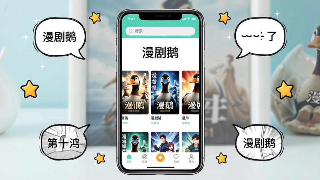 一张手机屏幕展示漫剧鹅App主界面的场景图,画面中央是手机竖屏,屏幕上显示漫剧鹅应用首页,顶部有搜索栏,中间是横向滚动的漫剧封面海报,底部有导航栏,手机周围散落着几个漫画气泡框和星星装饰元素,整体布局居中对称,风格清新明亮,细节上手机边框有轻微反光,屏幕内文字清晰显示