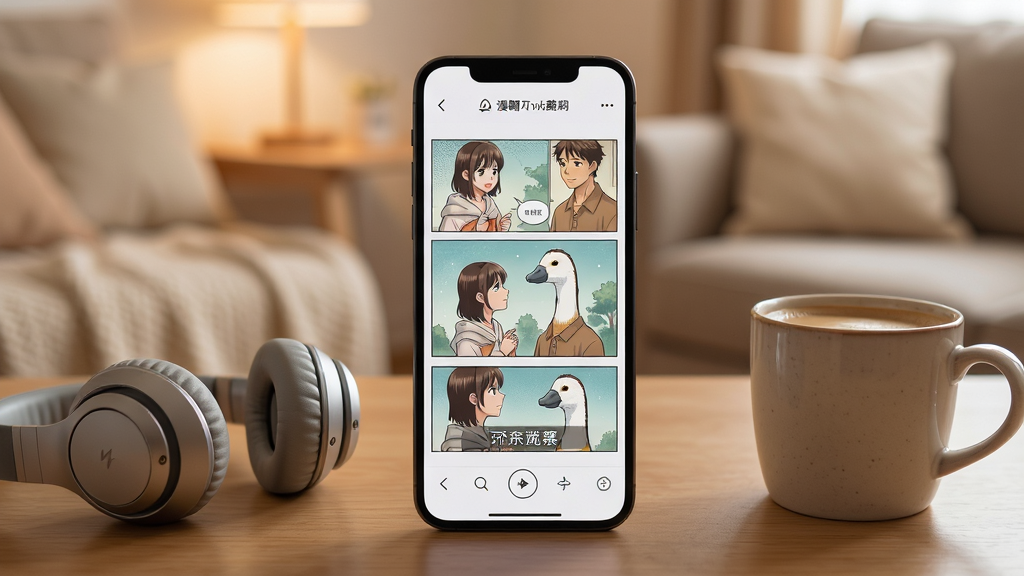 一部手机屏幕显示漫剧鹅播放界面,画面中有漫画分镜和字幕,手机旁边放着一副耳机和一杯咖啡,背景是温馨的室内环境,布局为手机居中,耳机和咖啡杯在两侧,风格生活化,细节上屏幕内漫剧画面清晰,色彩柔和,画质高清,干净整洁,无多余元素