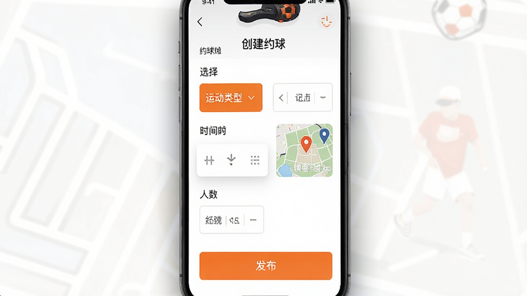 画面主体是一部手机屏幕特写,屏幕上显示约球天下APP的创建活动页面,包含运动类型选择、时间选择器、地图定位、人数设置等表单元素。布局为手机屏幕居中,周围有轻微的阴影效果。排版清晰,表单元素排列整齐。风格为现代UI设计风格,配色以白色背景搭配橙色按钮。细节包括页面顶部有“创建约球”标题,底部有醒目的发布按钮。画质高清,画面干净,无多余元素。