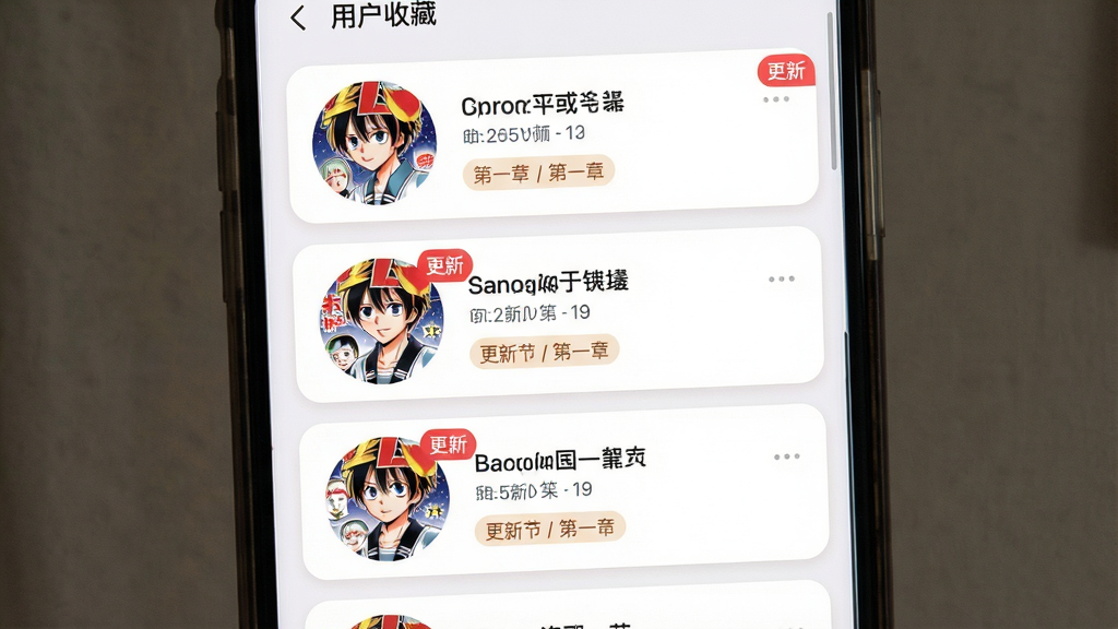 免费漫画大全软件书架管理界面展示,主体为手机屏幕中显示用户收藏的漫画列表,包含漫画封面、标题与更新章节提示,布局为纵向列表排列,排版整洁,风格为柔和圆角卡片式设计,细节包括圆形封面缩略图、红色更新角标与简洁文字,画质高清干净无多余元素