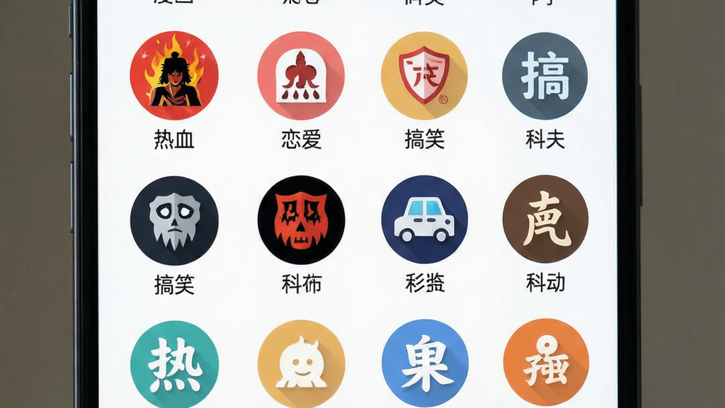 免费漫画大全软件内漫画分类页面展示,主体为手机屏幕中排列整齐的题材分类图标,包含热血、恋爱、搞笑、恐怖、科幻、古风等标签,布局为网格状分布,排版清晰有序,风格为清新浅色系扁平化设计,细节包括彩色圆形图标与中文标签,画质高清干净无多余元素