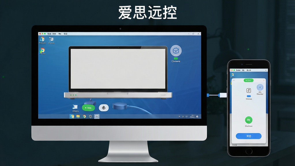爱思远控软件界面全貌展示,主体为电脑屏幕与手机屏幕相互连接,布局为左右分屏展示远程控制画面,排版上软件名称“爱思远控”位于画面顶部中央,风格为现代科技感扁平化设计,细节包括清晰的远程桌面画面、连接状态图标、操作按钮,画质高清,干净,无多余元素