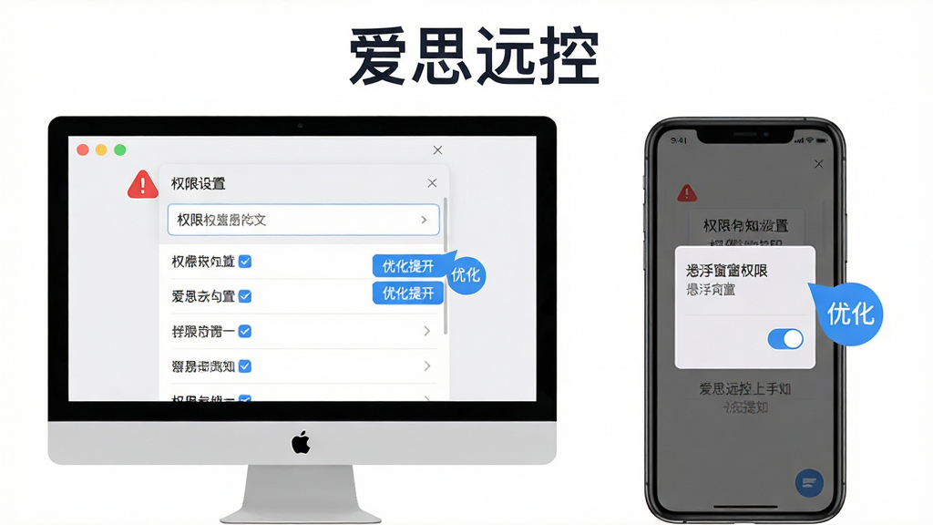 爱思远控上手须知操作示意图,主体为电脑与手机并排显示安装权限设置界面,布局为左侧电脑屏幕展示权限勾选列表,右侧手机屏幕展示悬浮窗权限开关,排版上软件名称“爱思远控”以标题形式出现在画面顶部,风格为扁平化教程图解,细节包括红色警示图标、蓝色优化提示标签、灰色温馨提示文字,画质清晰,干净,无多余元素