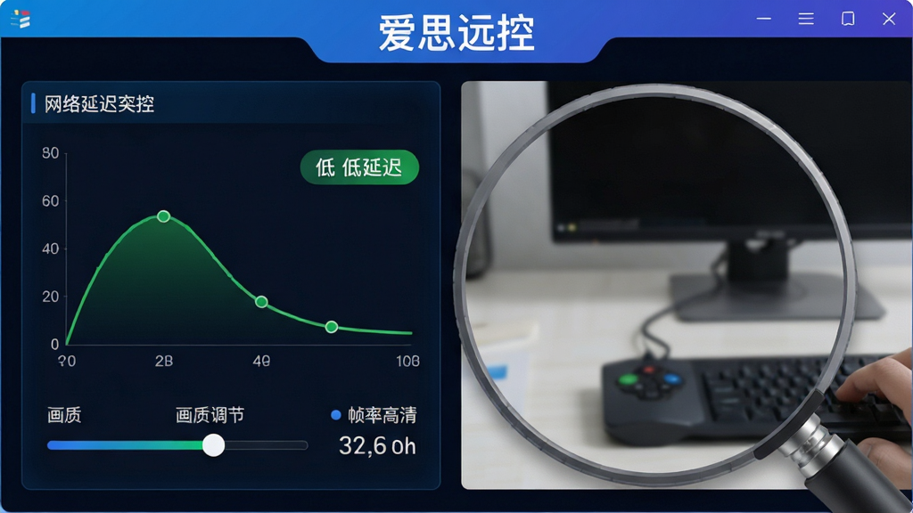 爱思远控高清低延迟传输示意图,主体为远程控制画面局部放大,布局为左侧显示网络延迟数值曲线,右侧显示高清桌面细节,排版上软件名称“爱思远控”置于顶部横条中,风格为数据可视化科技风,细节包括绿色低延迟标识、画质调节滑块、帧率数字,画质高清,干净,无多余元素