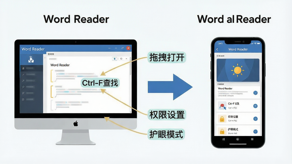 一张信息图风格的图片,画面分为左右两部分,左侧是电脑端“Word Reader”软件界面,右侧是手机端“Word Reader”应用界面,中间用箭头连接。图中标注了“拖拽打开”“Ctrl+F查找”“权限设置”“护眼模式”等关键词。整体风格为扁平化信息图,配色清新,排版清晰,画质干净,无多余元素。