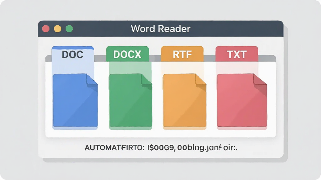 一张扁平化插画风格的图片,画面中央是“Word Reader”软件窗口,窗口内同时展示着DOC、DOCX、RTF、TXT四种格式的文档标签页,每个标签页颜色不同,窗口下方有编码自动识别的提示文字。背景是浅灰色,整体布局整齐,风格清新,画质干净,无多余元素。