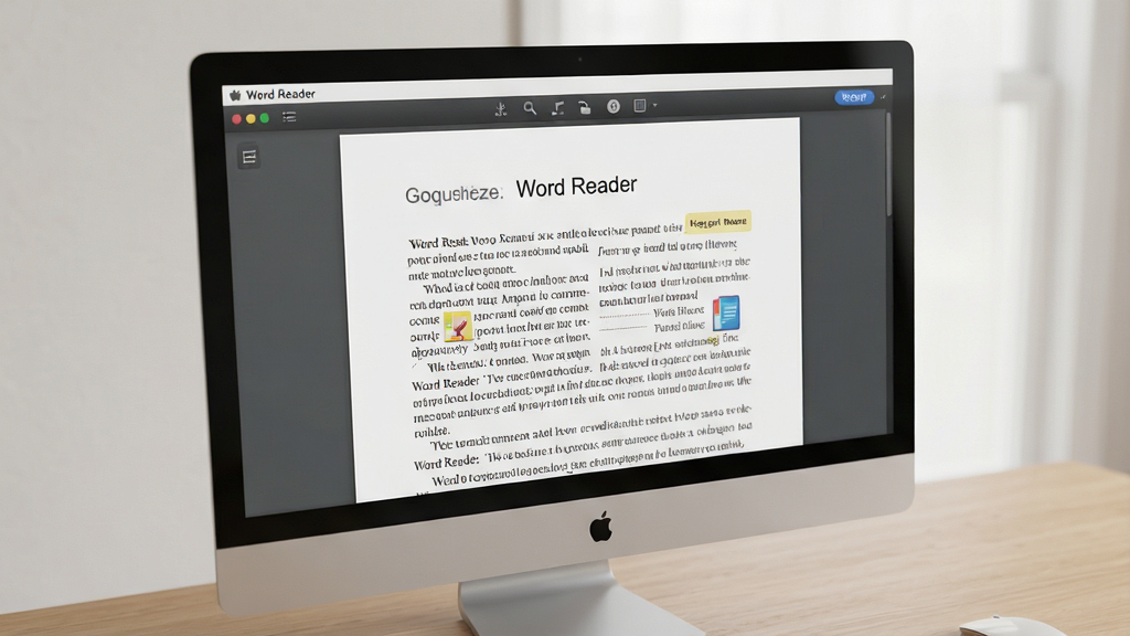 一张电脑屏幕特写图片,屏幕上显示“Word Reader”软件的全屏阅读模式,界面只有文档内容,没有任何广告或多余按钮,顶部有一个极细的工具栏若隐若现。屏幕周围是整洁的木质桌面,光线柔和。整体风格为极简写实风,排版干净,画质清晰,无多余元素。