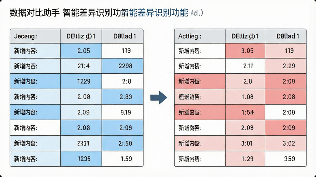 一张展示数据对比助手智能差异识别功能的界面截图风格图片,画面主体为两列并排的数据表格,左侧表格中部分单元格被标记为浅蓝色表示新增内容,右侧表格中部分单元格被标记为浅红色表示删除内容,中间有箭头指示对比方向,整体布局为左右对照式,风格为扁平化UI设计,细节包括表格线框清晰、颜色区分明显、界面无杂乱元素,画质高清,画面干净整洁