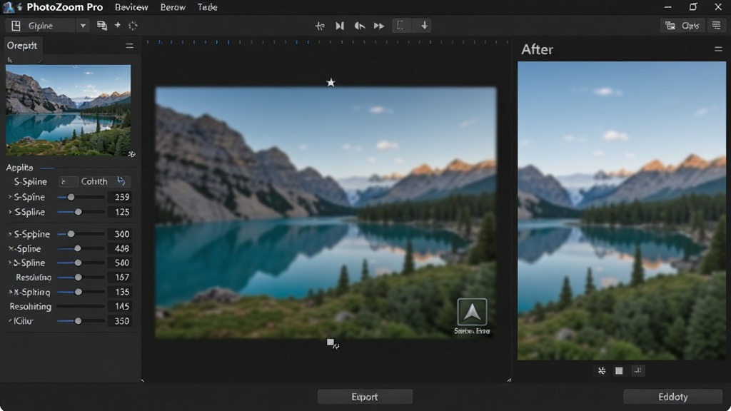 PhotoZoom Pro 软件主界面全景,中央为一张低分辨率风景照片正在被放大处理,左右两侧分别展示原图与放大后效果对比,界面为深色专业修图风格,布局包含顶部菜单栏、左侧参数调节面板、底部导出按钮,整体排版简洁清晰,细节包含 S-Spline 算法标签与分辨率数值,画质高清干净,无多余元素